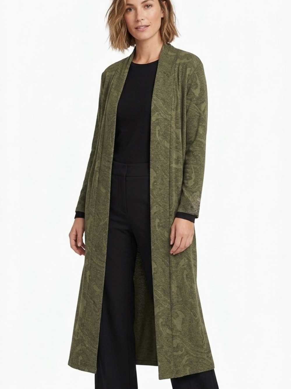 LIZ CLAIBORNE Olive Green Black Paisley Duster Kimono Robe Long Cardigan Small